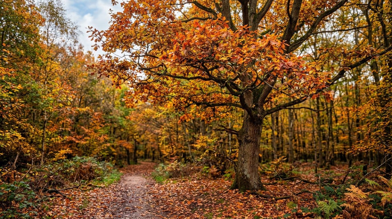 An autumnal scene of a path through a wood with orange and yellow leaves all over the ground, and the trees all covered in orange and yellow leaves..