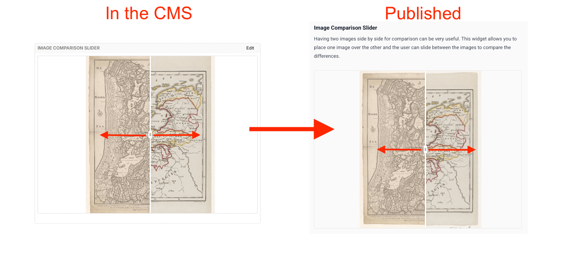 An edited version of the 'Image Comparison Slider' widget in the CMS on the left, and on the right is the published version of that edited widget showing two maps with a moveable slider.