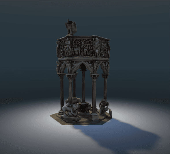 The picture shows a 3D graphic of the Pistoia Pulpit by Giovanni Pisano.