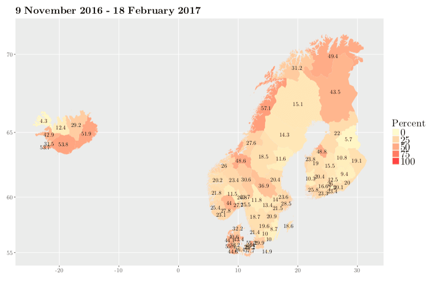 A colour-coded map showing the Nordic countries.