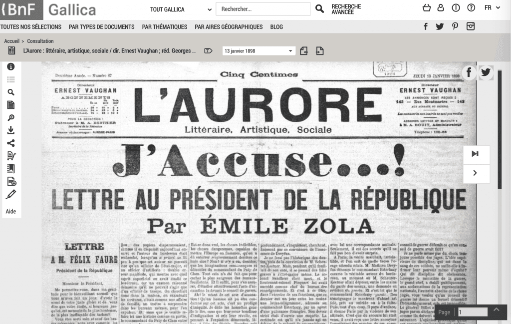 Scan of L'Aurore newspaper front page in the BnF Gallica interface. The frontpage headline reads "J'Accuse...! Lettre Au Président de la Republique par Émile Zola"