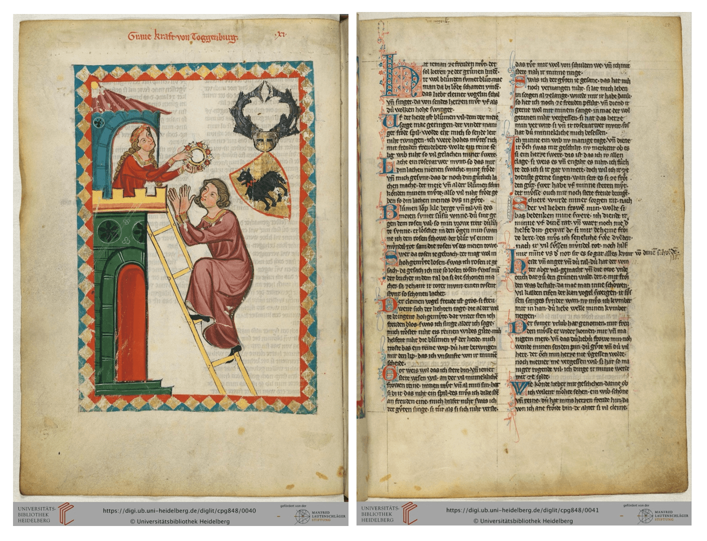 Composite image showing two pages from a medieval illuminated manuscript. On the left, a richly coloured miniature depicts a noblewoman leaning from a tower window to place a floral wreath on a man climbing a ladder toward her. The scene is framed by a geometric border in red, blue, and gold, with a heraldic shield featuring a black animal emblem in the upper right. On the right, a manuscript page in two columns of Gothic script is decorated with elaborate red-and-blue initials and delicate pen flourishes extending into the margins. Both pages show signs of age, including worn parchment, faded pigments, and small stains.