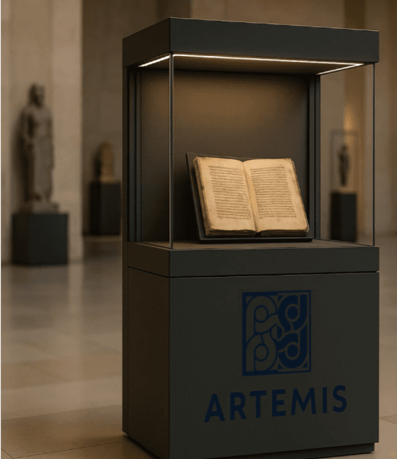 A tall display case, the bottom part made from sturdy material with a glass casing in the upper half.The ARTEMIS Smart Display Case contains an ancient book, dimly lit.